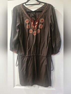 Lucky Brand Women's Brown Embroidered V-Neck Drawstring Knee